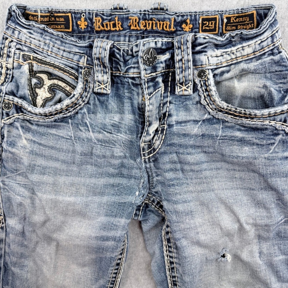 Rock Revival Kenny Slim Straight Jeans Light Wash Snakeskin Fleur De Lis Size 29